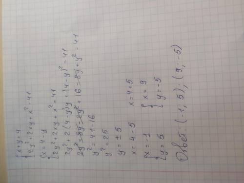 Реши систему уравнений: {x+y=4 {2y^2+2xy+x^2=41{x={y={x={y=(Первыми вводи корни с меньшим значением