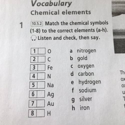 O a nitrogen 2 C b gold 3 Fe 4 N 5 Na C oxygen d carbon e hydrogen f sodium g silver h iron 6 Ag Au