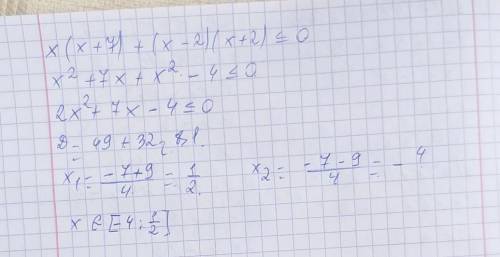 Розв'яжіть нерівність х(х + 7) + (х - 2)(х + 2) ≤ 0.