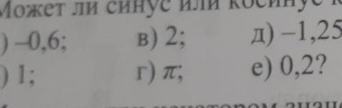 Может ли синус или косинус какого-либо угла быть равным а)-0,6 б)1 в)2 г)π д)-1,25 е) 0,2​