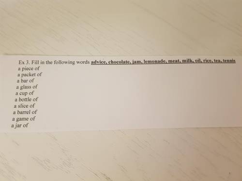 Ex 3. Fill in the following words: advice,chocolate, jam,lemonade,meat,milk,oil,rice,tea,tennis A pi