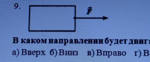 9. FВ каком направлении будет двигаться тело, изображенное наа) Вверх б) Вниз в) Bправо г) Влево​