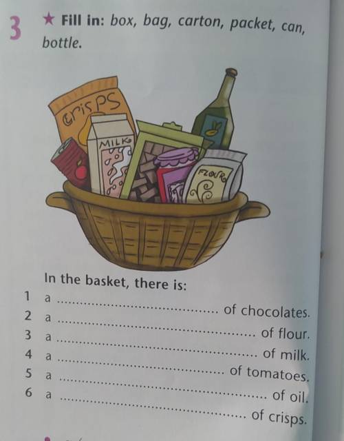 Fill in box,bag,crton,packet,can,bottle.In the basket, there is:​