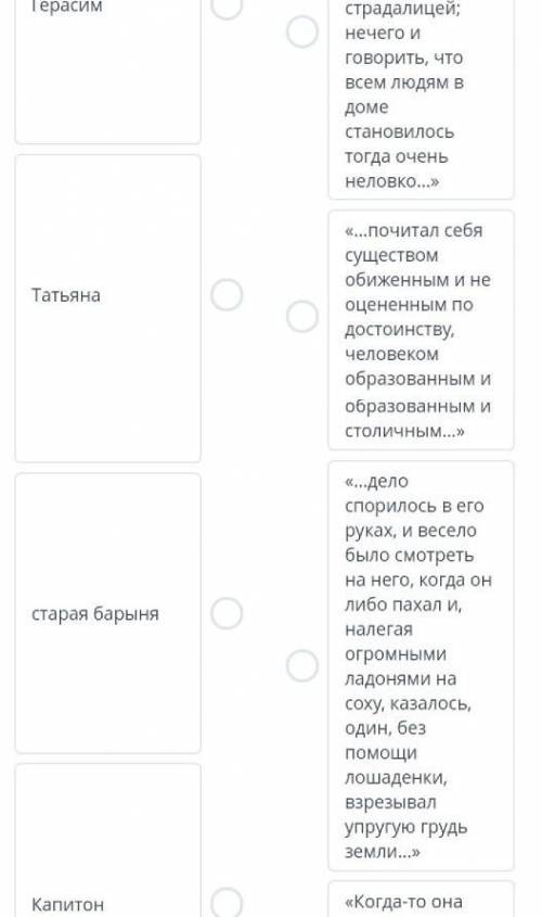 Анализ эпизодов и характеристика героев рассказа И.С. Тургенева «Муму». Соотнеси персонажа и характе