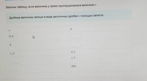 Заполни таблицу, если величина у прямо пропорциональна величине х. Дробные величины запиши в виде де