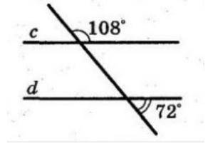Знайти всі кути, утворені при перетині двох паралельних прямих січною, якщо <2=108°, <7=72°. &