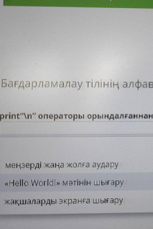 Бағдарламалау тілінің алфавиті, синтаксисі print\n операторы орындалғаннан кейін экранға шығару нә