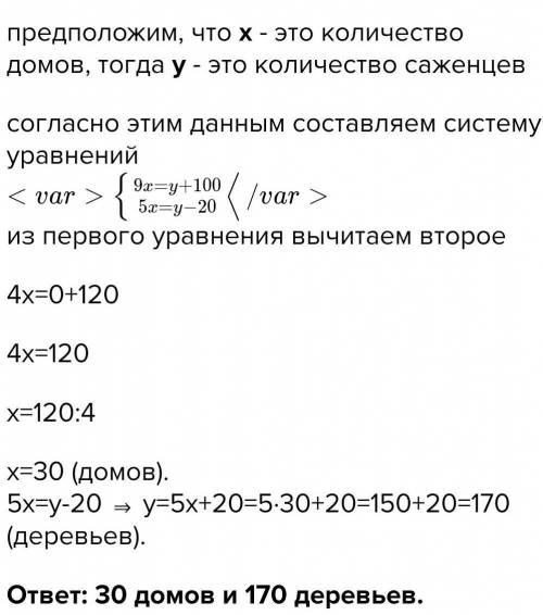 Если вы посадите 9 саженцев возле каждого дома, их будет меньше 100. Если посадить 5 саженцев, их бу