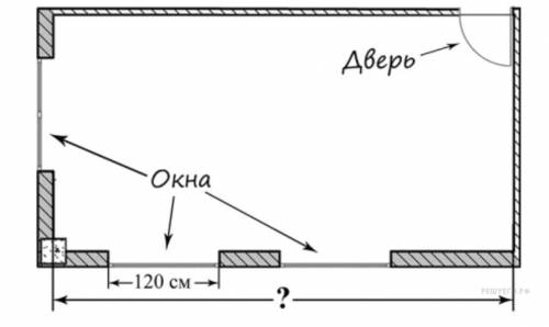 На рисунке изображён план комнаты. Ширина окна равна 120 см. Найдите, чему примерно равна длина комн
