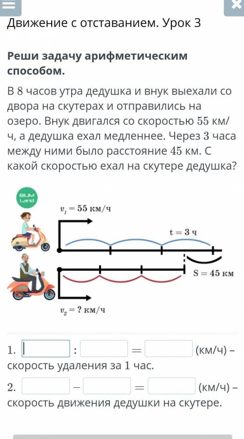 В 8 часов утра дедушка и внук выехали со двора на скутерах и отправились на озеро. Внук двигался со