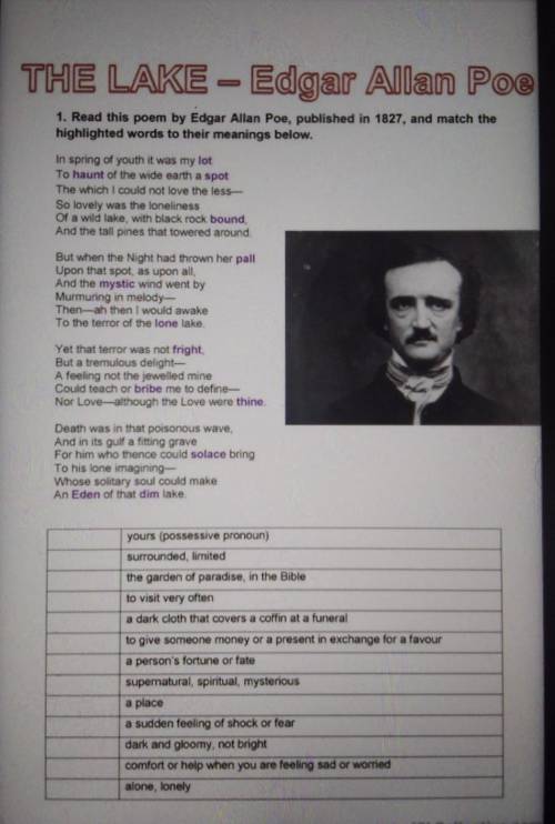 Read this poem by Edgar Allan Poe published in 1827, and match the highighted words to their meaning