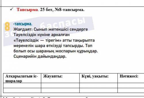  Тапсырма. 25 бет, №8-тапсырма. Атқарылатын іс-шаралар Жауапты: Күні, уақыты: Нәтижесі: