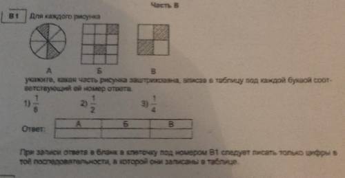 Для каждого рисунка АБВукажите, какая часть рисунка заштрихована, вписав в таблицу под каждой буквой