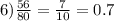 6) \frac{56}{80} = \frac{7}{10} = 0.7