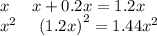 x \: \: \: \: \: \: x + 0.2x = 1.2x \\ {x}^{2} \: \: \: \: \: \: {(1.2x)}^{2} = 1.44 {x}^{2}