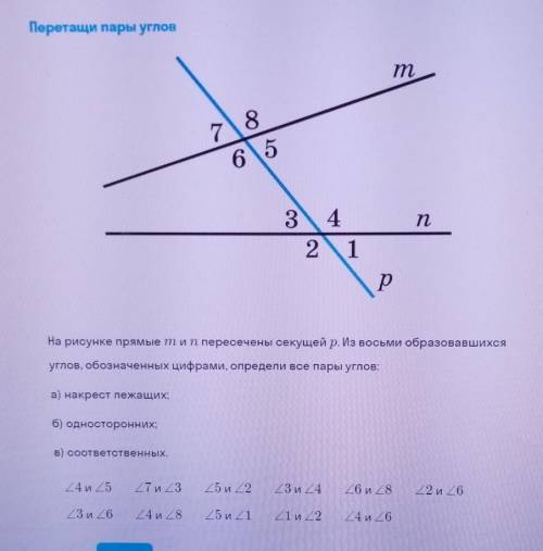 На рисунке прямые m и n пересечены секущей p. Из восьми образовавшихся углов, обозначенных цифрами,