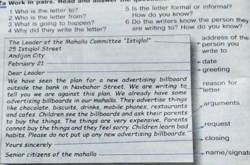 2a Work in pairs. Read and answer the ques 1 Who is the letter to?2 Who is the letter from?3 What is