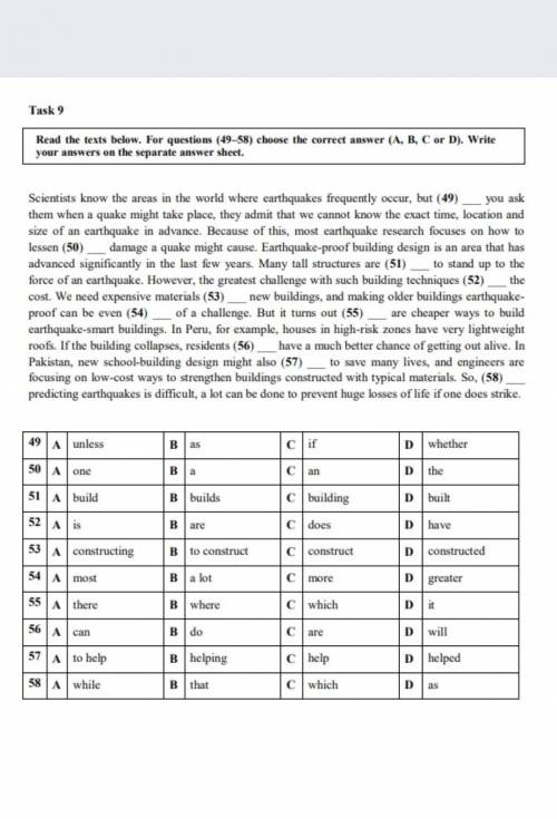 с английским умоляю Read the texts below. For questions (49-58) choose the correct answer (A, B, C o