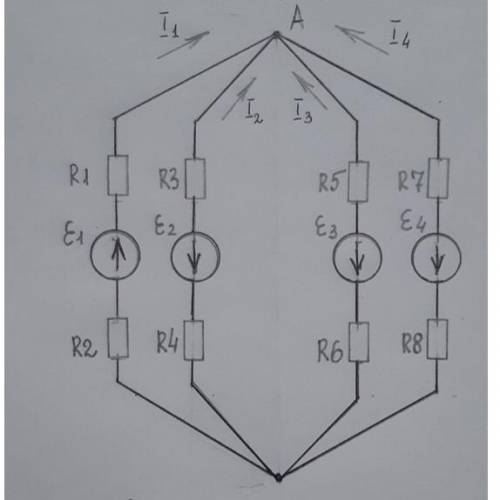 Решить методом узлового напряжения. Условия: E1=360В E2=220В E3=127В E4=36В r01=r02=r03=r04=1ом R1=6