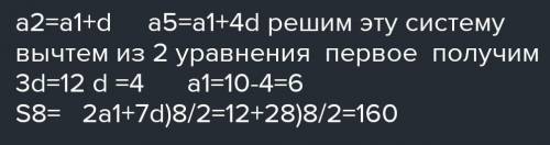 в арифметической прогресси второй член равен 10 и пятый член равен 22 найдите сумму восьми первых чл