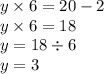 y \times 6 = 20 - 2 \\ y \times 6 = 18 \\ y = 18 \div 6 \\ y = 3