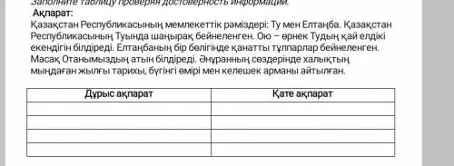 тапсырма . Ақпараттың дұрыстығын тексеру арқылы кестені толтыр . Заполните таблицу проверяя достовер