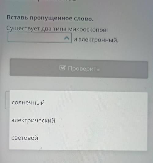 вставь пропущенное слово существует два типа микроскопов Солнечный электрический световой и электрон