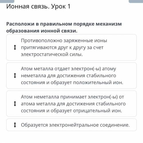 Расположи в правильном порядке механизм образования ионной связи