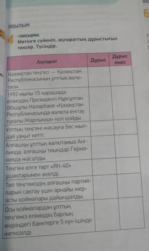 ОҚЫЛЫМIC-тапсырма.Мәтінге сүйеніп, ақпараттың дұрыстығынтексер. Түсіндір.​