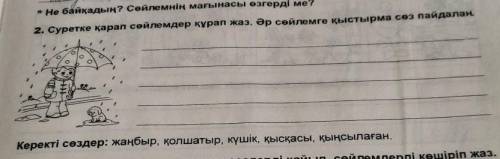 2. Суретке қарап сөйлемдер құрап жаз. Әр сөйлемге қыстырма сөз пайдалан Керекті сөздер: жаңбыр, қолш