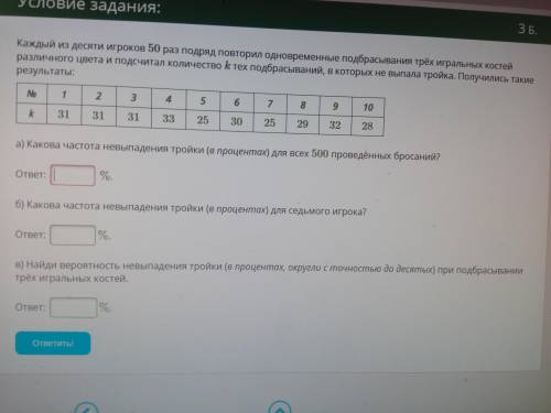 Каждый из десяти игроков 50 раз подряд повторил одновременные подбрасывания трёх игральных костей ра