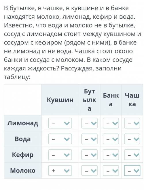 Логические задачи. Урок 1 Реши задачу с таблицы. Определи жидкости в ёмкостях, отметь верные ёмкости
