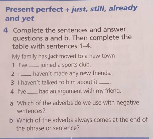 Present perfect + just, still, already and yet4 Complete the sentences and answerquestions a and b.