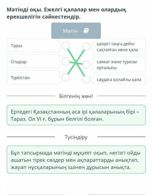 Дүкенбай Досжан «Ұлы Жібек жолы» романы Мәтінді оқы. Ежелгі қалалар мен олардың ерекшелігін сәйкесте