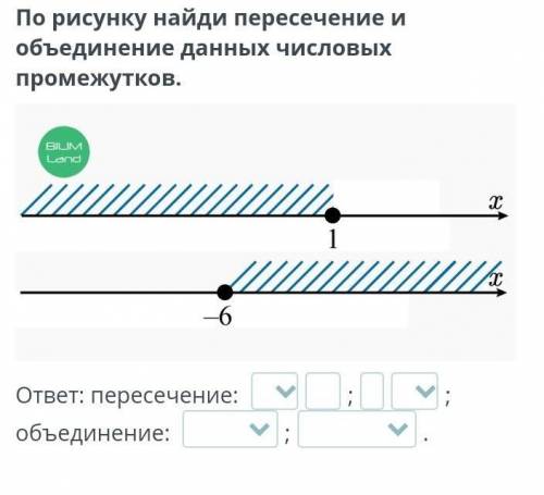 По рисунку найди пересечение и объединение данных числовых промежутков. ответ: пересечение: ;; объед