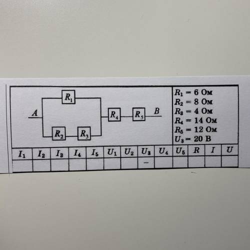 R1 - 6 OM R2 = 8 OM R3= 4 OM R4= 14 OM R5= 12 OM U-20 В