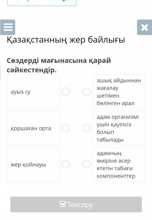 Қазақстанның жер байлығыСөздерді мағынасына қарай сәйкестендір.​