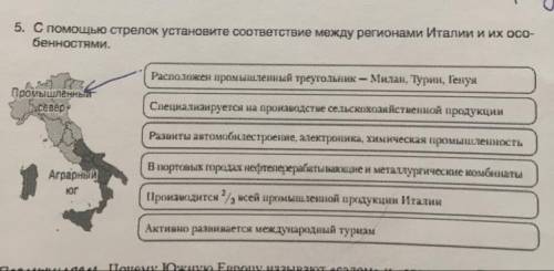 5. С стрелок установите соответствие между регионами Италии и их осо- бенностями. Расположен промышл