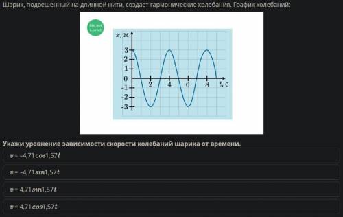 Шарик, подвешенный на длинной нити, создает гармонические колебания. График колебаний: