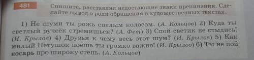 #481. Спишите, расставляя недостающие знаки препинания. Сделайте вывод о роли обращения в художестве