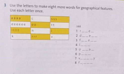 3. Use the letters to make eight more words for geographical features. Use each letter once.aa a aC