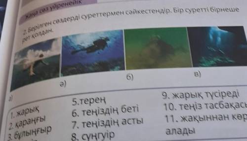 2. Берілген сөздерді суреттермен сәйкестендір. Бір суретті бірнеше рет қолдан.ә)а)б)B)1. жарық2. қар