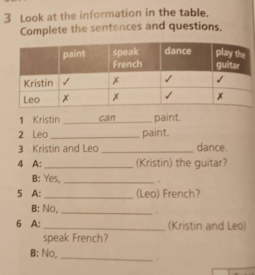 3 Look at the information in the table. Complete the sentences and questions.paintspeakdanceFrenchpl