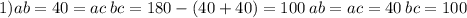 1)ab = 40 = ac \: bc = 180 - (40 + 40) = 100 \: ab = ac = 40 \: bc = 100