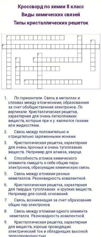 Сделать крассворд по теме Виды химических связей, крассворд должен состоять из 10 вопросов очень с