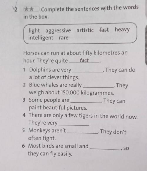 2 ** Complete the sentences with the words in the box.light aggressive artistic fast heavyintelligen