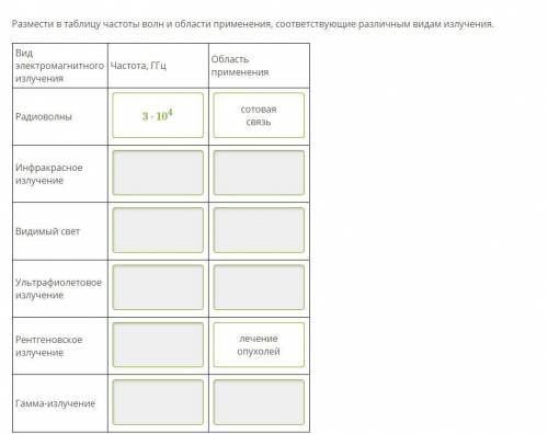Размести в таблицу частоты волн и области применения, соответствующие различным видам излучения. 9 К
