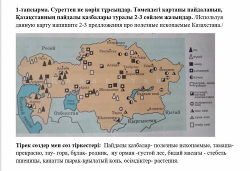 Тапсырма 1. тұрсыңдар, көріп, бұл сурет бойынша. төмендегі картаны пайдаланып, Қазақстанның пайдалы