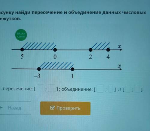 По рисунку найди пересечение и объединение данных числовых промежутков.тиімLandT-5о24T—31ответ: пере