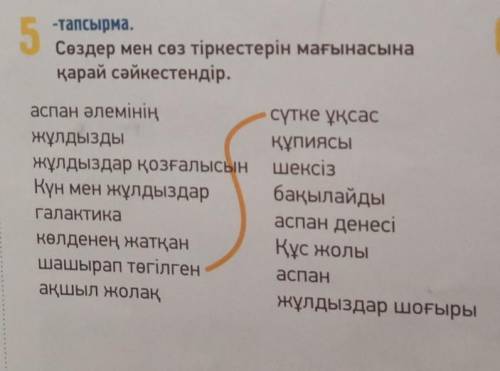 ЖАЗЫЛЫМ АЙТЫЛЫМ 5-тапсырма.Сөздер мен сөз тіркестерін мағынасынақарай сәйкестендір.аспан әлемініңжұл